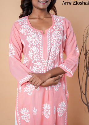 Modal Cotton Chikankari Printed Pink Long Kurta