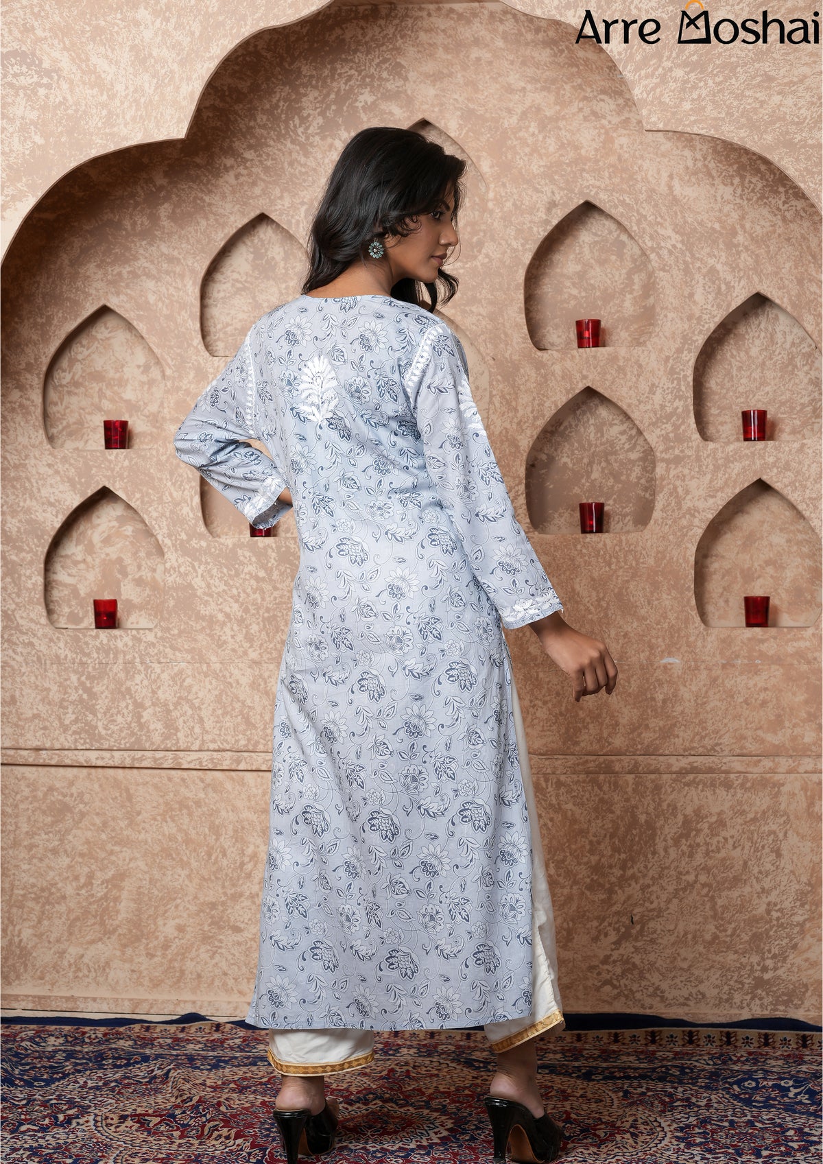 Mul mul Chikankari Printed Gray Long Kurta