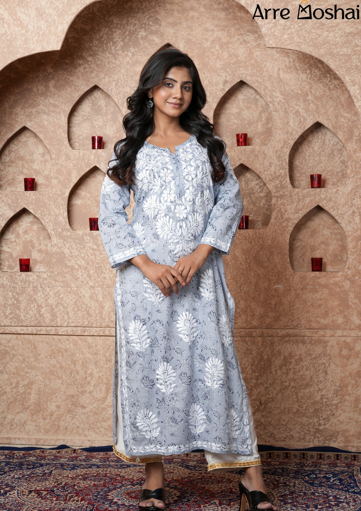 Mul mul Chikankari Printed Gray Long Kurta