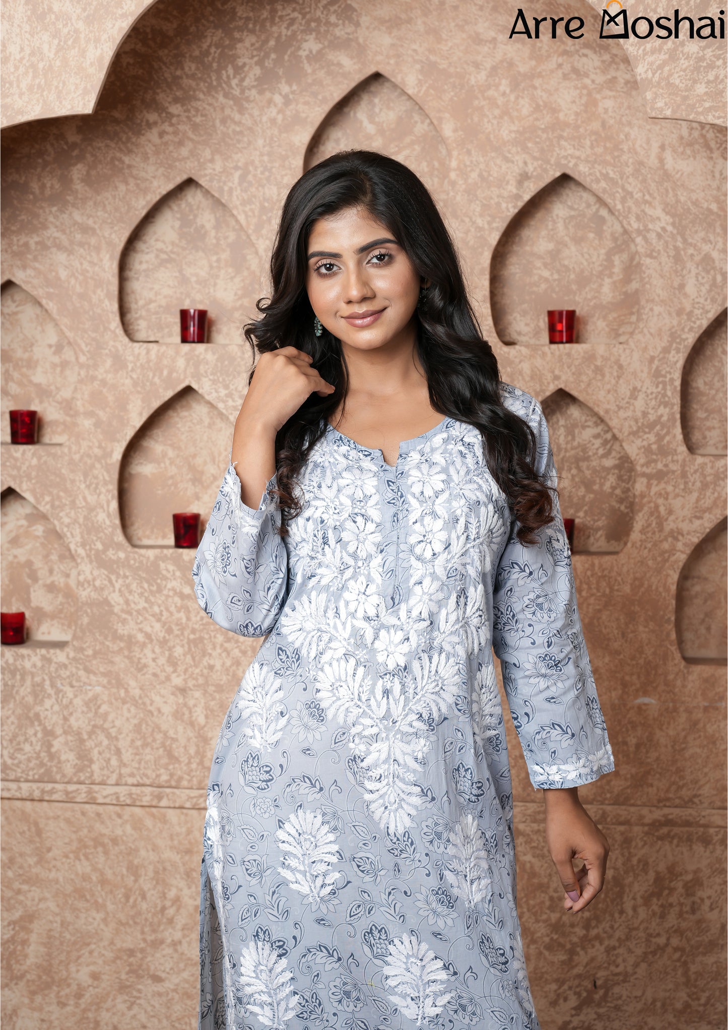 Mul mul Chikankari Printed Gray Long Kurta